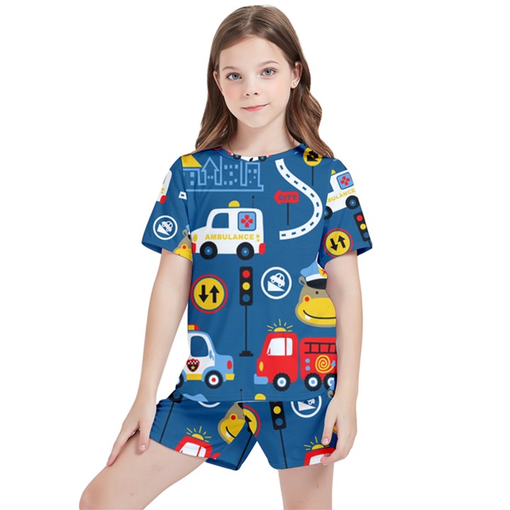 Car Cars Seamless Pattern Vector Rescue Team Cartoon Kids  Tee and Sports Shorts Set