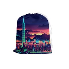 Cityscape Building Painting 3d City Illustration Drawstring Pouch (large) by danenraven