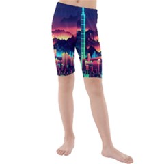 Cityscape Building Painting 3d City Illustration Kids  Mid Length Swim Shorts by danenraven