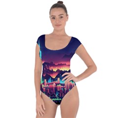 Cityscape Building Painting 3d City Illustration Short Sleeve Leotard  by danenraven