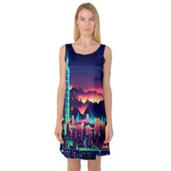 Cityscape Building Painting 3d City Illustration Sleeveless Satin Nightdress by danenraven