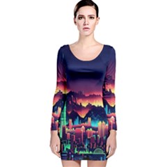 Cityscape Building Painting 3d City Illustration Long Sleeve Velvet Bodycon Dress by danenraven