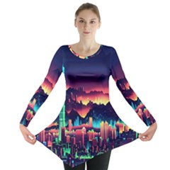 Cityscape Building Painting 3d City Illustration Long Sleeve Tunic  by danenraven