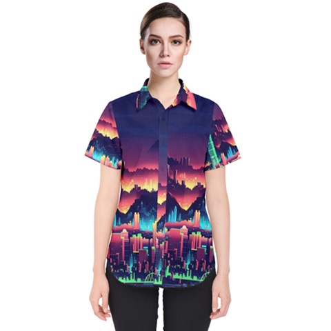 Cityscape Building Painting 3d City Illustration Women s Short Sleeve Shirt by danenraven