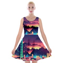 Cityscape Building Painting 3d City Illustration Velvet Skater Dress by danenraven