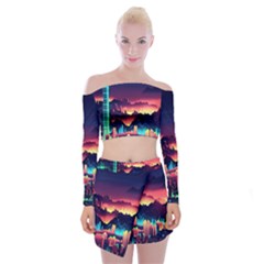 Cityscape Building Painting 3d City Illustration Off Shoulder Top With Mini Skirt Set by danenraven