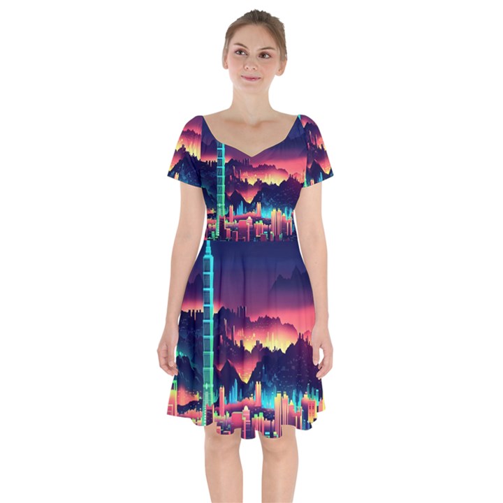 Cityscape Building Painting 3d City Illustration Short Sleeve Bardot Dress