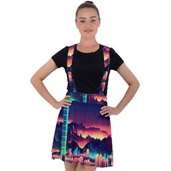 Cityscape Building Painting 3d City Illustration Velvet Suspender Skater Skirt