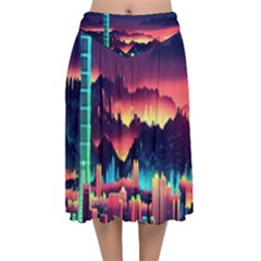 Cityscape Building Painting 3d City Illustration Velvet Flared Midi Skirt by danenraven