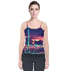 Cityscape Building Painting 3d City Illustration Velvet Spaghetti Strap Top by danenraven