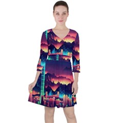 Cityscape Building Painting 3d City Illustration Quarter Sleeve Ruffle Waist Dress by danenraven