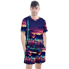 Cityscape Building Painting 3d City Illustration Men s Mesh Tee And Shorts Set