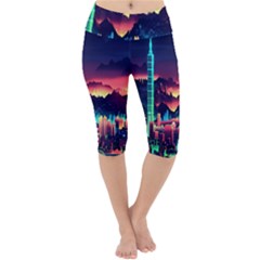 Cityscape Building Painting 3d City Illustration Lightweight Velour Cropped Yoga Leggings by danenraven