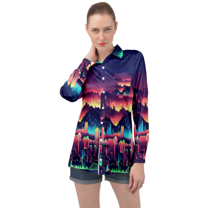 Cityscape Building Painting 3d City Illustration Long Sleeve Satin Shirt