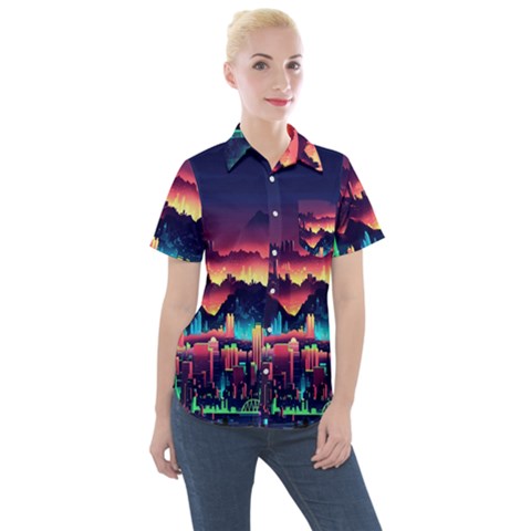 Cityscape Building Painting 3d City Illustration Women s Short Sleeve Pocket Shirt by danenraven