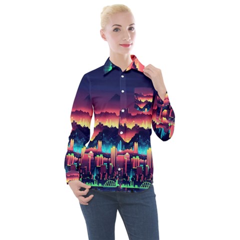 Cityscape Building Painting 3d City Illustration Women s Long Sleeve Pocket Shirt by danenraven