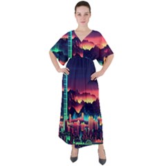 Cityscape Building Painting 3d City Illustration V-neck Boho Style Maxi Dress by danenraven