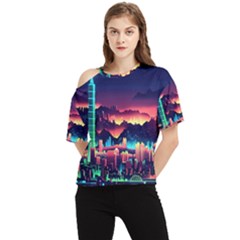 Cityscape Building Painting 3d City Illustration One Shoulder Cut Out Tee by danenraven