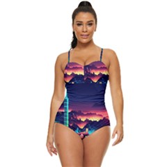 Cityscape Building Painting 3d City Illustration Retro Full Coverage Swimsuit by danenraven