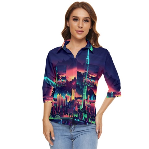 Cityscape Building Painting 3d City Illustration Women s Quarter Sleeve Pocket Shirt by danenraven