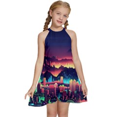 Cityscape Building Painting 3d City Illustration Kids  Halter Collar Waist Tie Chiffon Dress