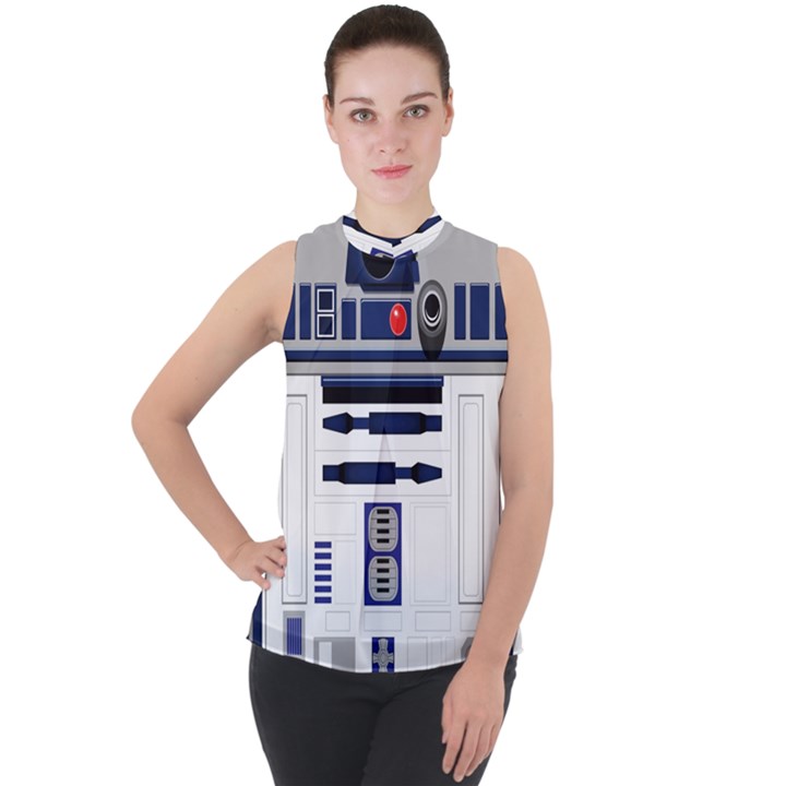 Robot R2d2 R2 D2 Pattern Mock Neck Chiffon Sleeveless Top