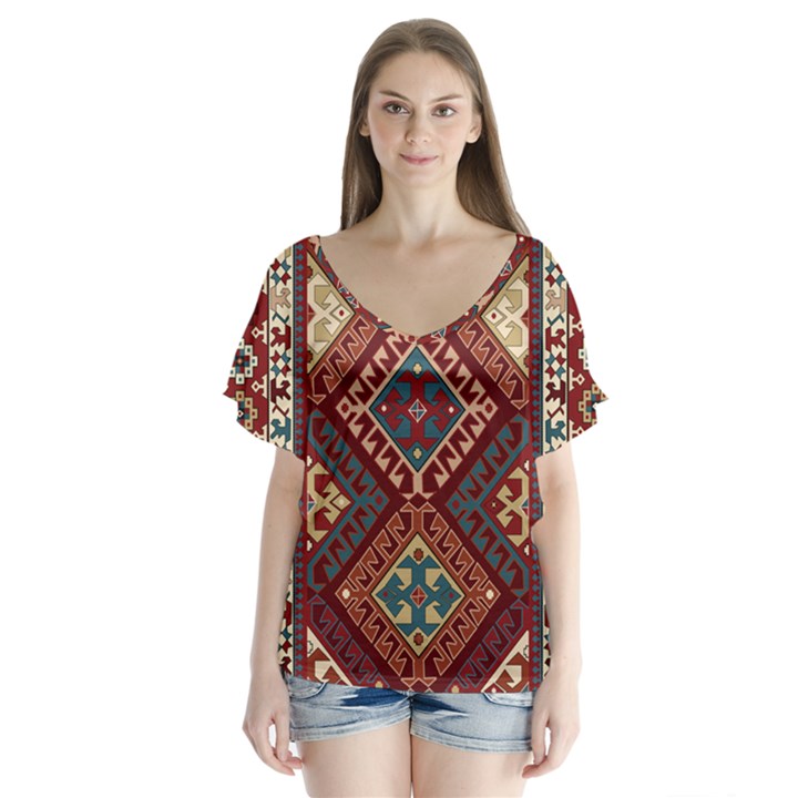 Armenian carpet V-Neck Flutter Sleeve Top