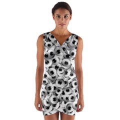 Eyes Drawing Motif Random Pattern Wrap Front Bodycon Dress