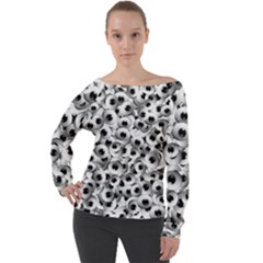 Eyes Drawing Motif Random Pattern Off Shoulder Long Sleeve Velour Top by dflcprintsclothing