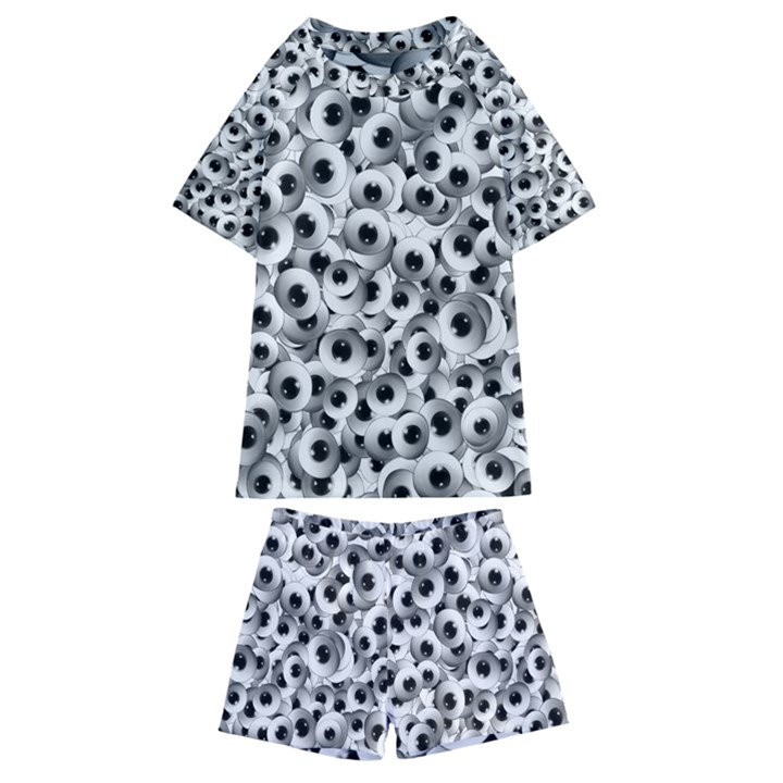 Eyes Drawing Motif Random Pattern Kids  Swim Tee and Shorts Set