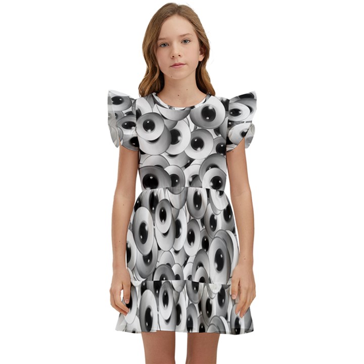 Eyes Drawing Motif Random Pattern Kids  Winged Sleeve Dress