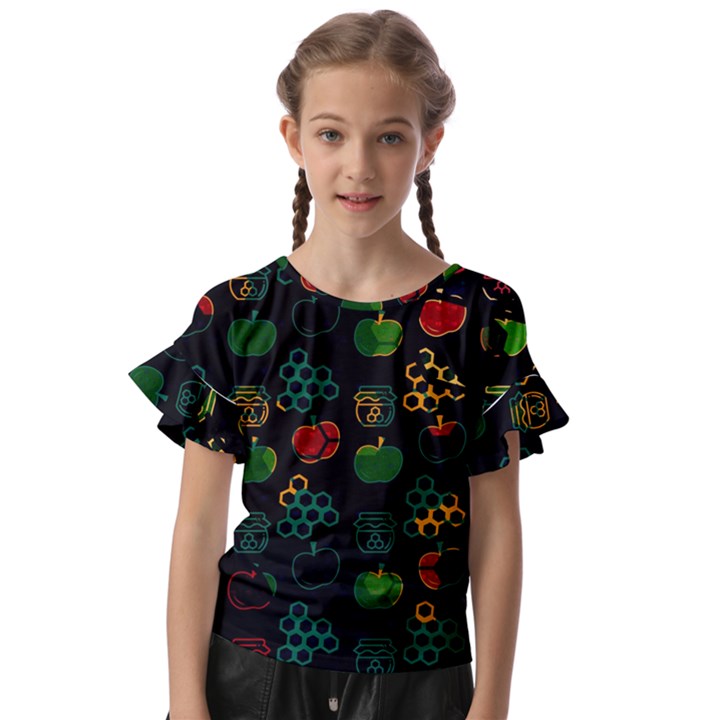 Apples Honey Honeycombs Pattern Kids  Cut Out Flutter Sleeves