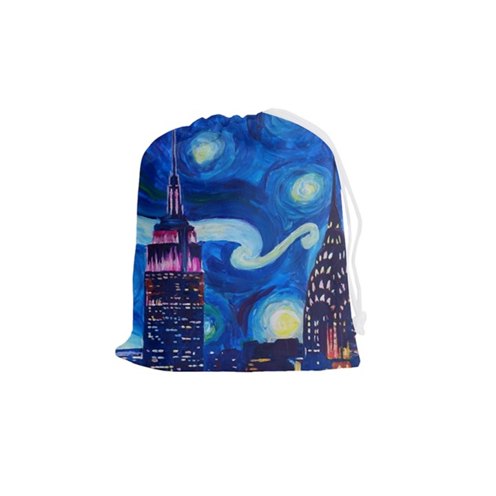 Starry Night In New York Van Gogh Manhattan Chrysler Building And Empire State Building Drawstring Pouch (Medium)