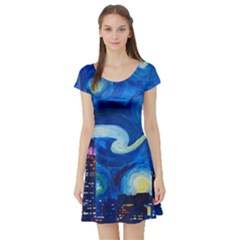 Starry Night In New York Van Gogh Manhattan Chrysler Building And Empire State Building Short Sleeve Skater Dress by danenraven