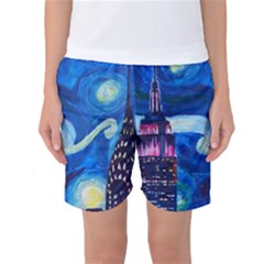 Starry Night In New York Van Gogh Manhattan Chrysler Building And Empire State Building Women s Basketball Shorts by danenraven