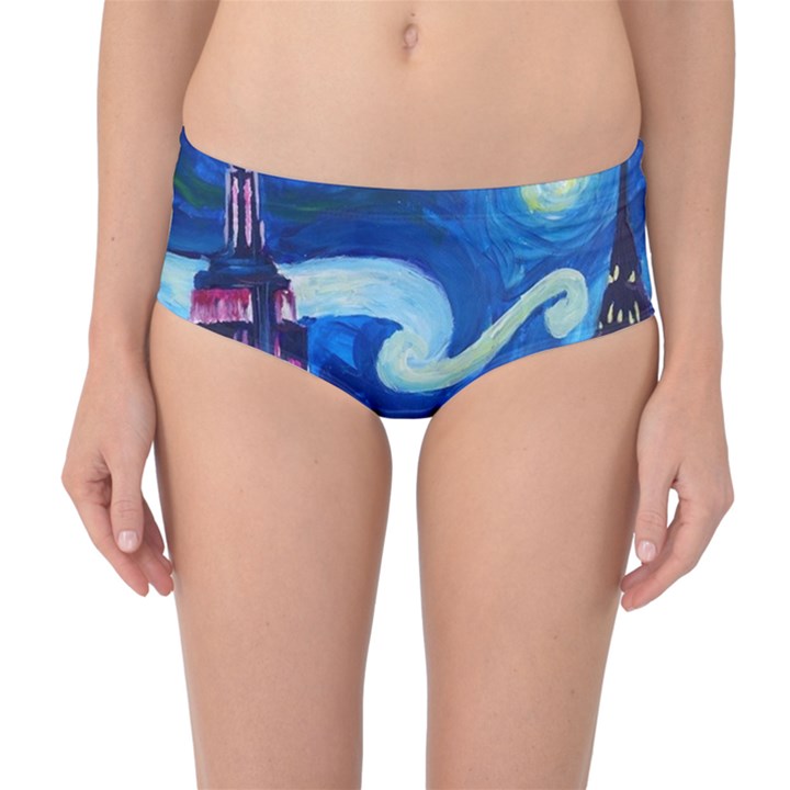 Starry Night In New York Van Gogh Manhattan Chrysler Building And Empire State Building Mid-Waist Bikini Bottoms