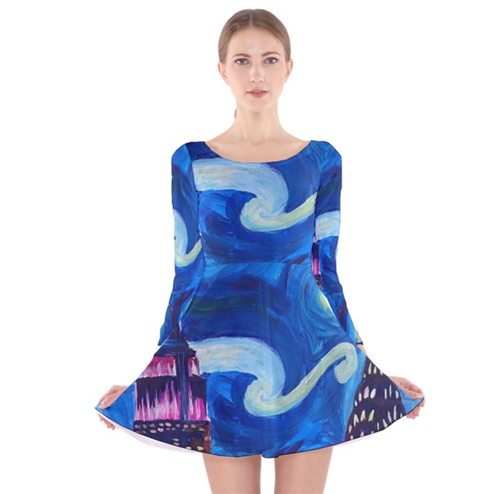 Starry Night In New York Van Gogh Manhattan Chrysler Building And Empire State Building Long Sleeve Velvet Skater Dress