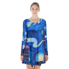 Starry Night In New York Van Gogh Manhattan Chrysler Building And Empire State Building Long Sleeve Velvet V-neck Dress by danenraven