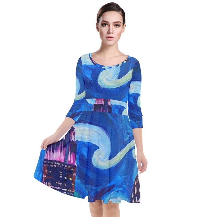 Starry Night In New York Van Gogh Manhattan Chrysler Building And Empire State Building Quarter Sleeve Waist Band Dress