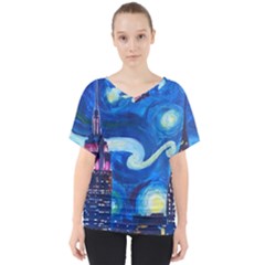 Starry Night In New York Van Gogh Manhattan Chrysler Building And Empire State Building V-neck Dolman Drape Top by danenraven