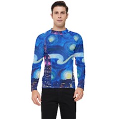 Starry Night In New York Van Gogh Manhattan Chrysler Building And Empire State Building Men s Long Sleeve Rash Guard by danenraven