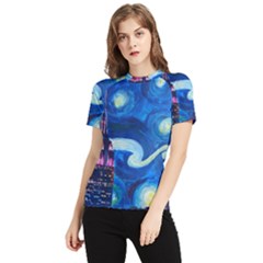 Starry Night In New York Van Gogh Manhattan Chrysler Building And Empire State Building Women s Short Sleeve Rash Guard by danenraven