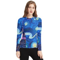 Starry Night In New York Van Gogh Manhattan Chrysler Building And Empire State Building Women s Long Sleeve Rash Guard by danenraven