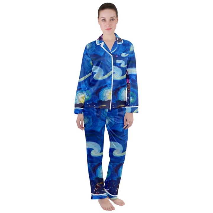 Starry Night In New York Van Gogh Manhattan Chrysler Building And Empire State Building Satin Long Sleeve Pajamas Set