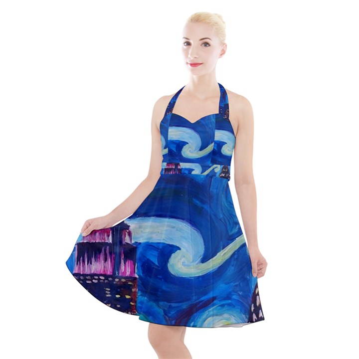 Starry Night In New York Van Gogh Manhattan Chrysler Building And Empire State Building Halter Party Swing Dress 