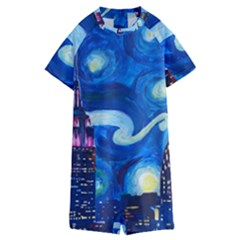 Starry Night In New York Van Gogh Manhattan Chrysler Building And Empire State Building Kids  Boyleg Half Suit Swimwear by danenraven