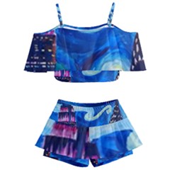 Starry Night In New York Van Gogh Manhattan Chrysler Building And Empire State Building Kids  Off Shoulder Skirt Bikini by danenraven