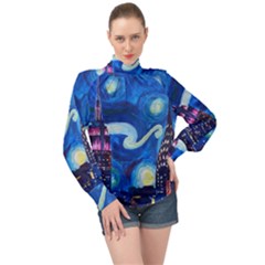 Starry Night In New York Van Gogh Manhattan Chrysler Building And Empire State Building High Neck Long Sleeve Chiffon Top by danenraven