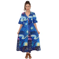 Starry Night In New York Van Gogh Manhattan Chrysler Building And Empire State Building Kimono Sleeve Boho Dress by danenraven