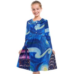 Starry Night In New York Van Gogh Manhattan Chrysler Building And Empire State Building Kids  Midi Sailor Dress by danenraven